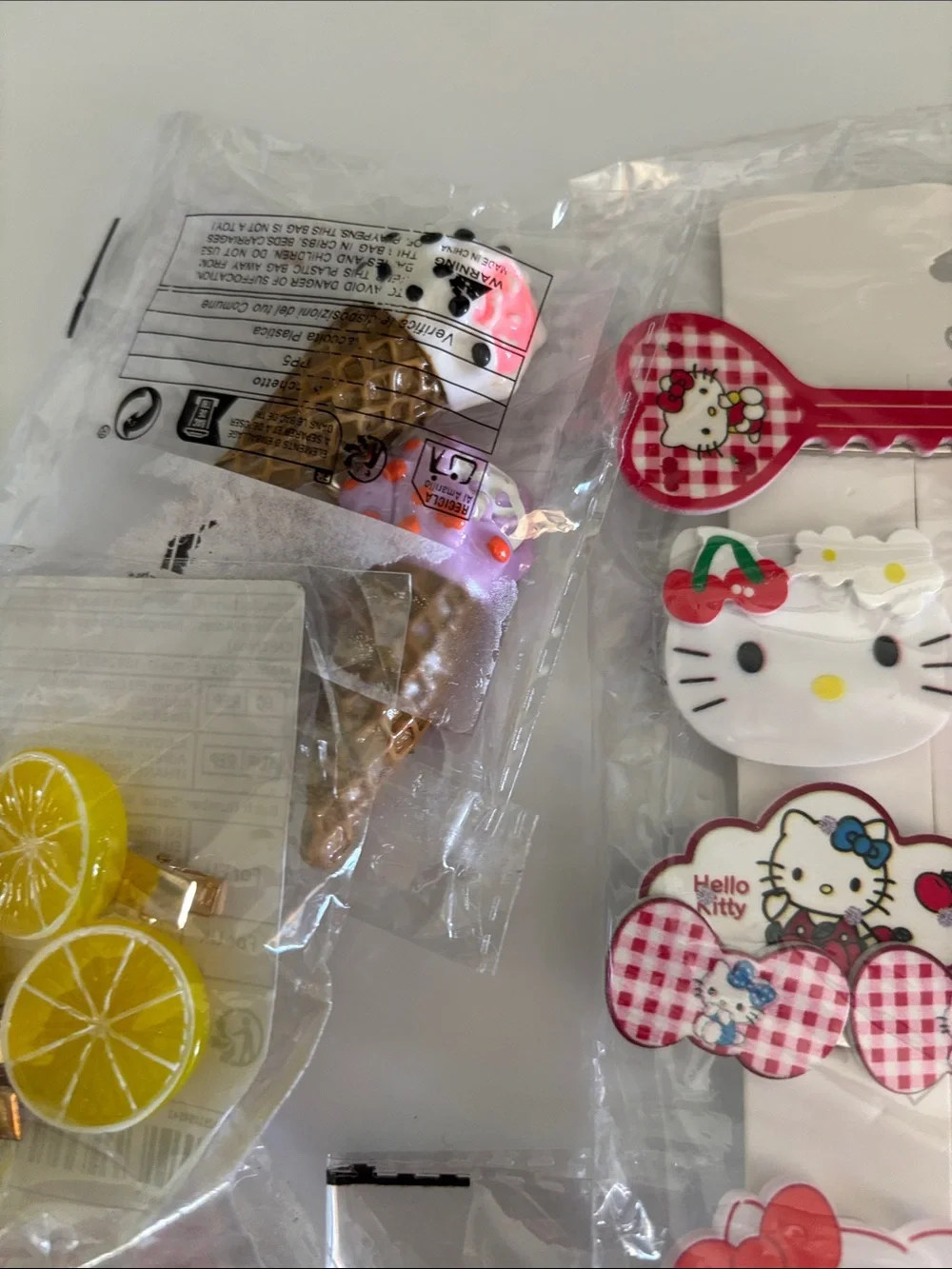 Large Lot of Cute Novelty Hair Clips Hello Kitty Fruit Hearts Ice Cream